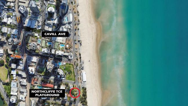 Location of the only playground facing the ocean in Surfers Paradise.