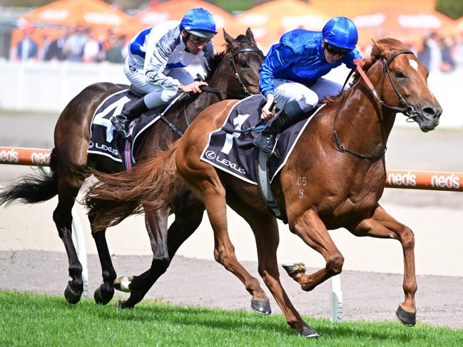 MELBOURNE, AUSTRALIA - OCTOBER 08: James McDonald riding Paulele winning Race 6, the Lexus Schillaci Stakes, during Caulfield Guineas Day at Caulfield Racecourse on October 08, 2022 in Melbourne, Australia. (Photo by Vince Caligiuri/Getty Images)