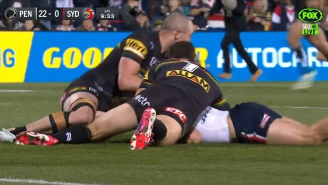 Nathan Cleary cut Connor Watson down five metres from the tryline. Picture: Fox Sports