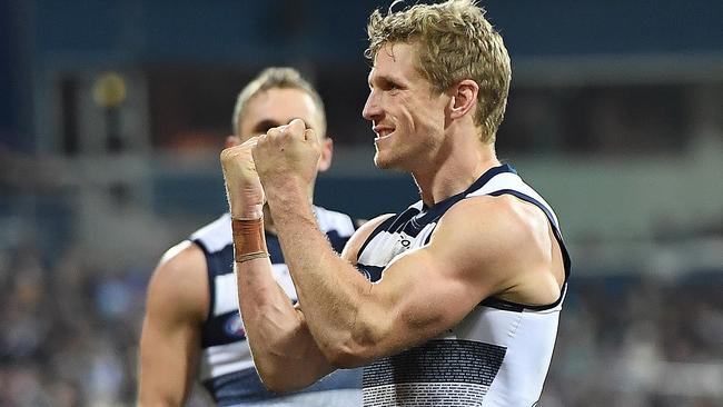 Scott Selwood celebrates a goal for Geelong. Picture: AAP Images