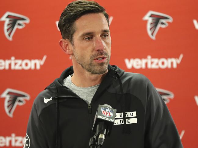 Atlanta Falcons offensive coordinator Kyle Shanahan speaks during a news conference while preparing for the NFC divisional playoff football game against the Seattle Seahawks, Wednesday, Jan. 11, 2017, in Flowery Branch, Ga. (Curtis Compton/Atlanta Journal-Constitution via AP)