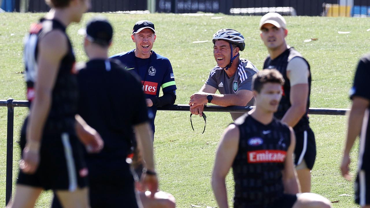 Alastair Clarkson and Craig Macrae enjoy a laugh at Collingwood’s morning training session. Picture: Michael Klein