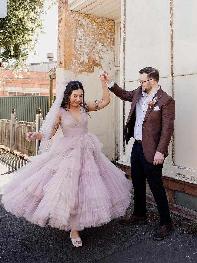 Hannah Edwards opted for a dusty pink couture wedding dress from SA fashion house Couture+Love+Madness for her wedding to Sam O’Dea. Picture: Will and Co. Photography