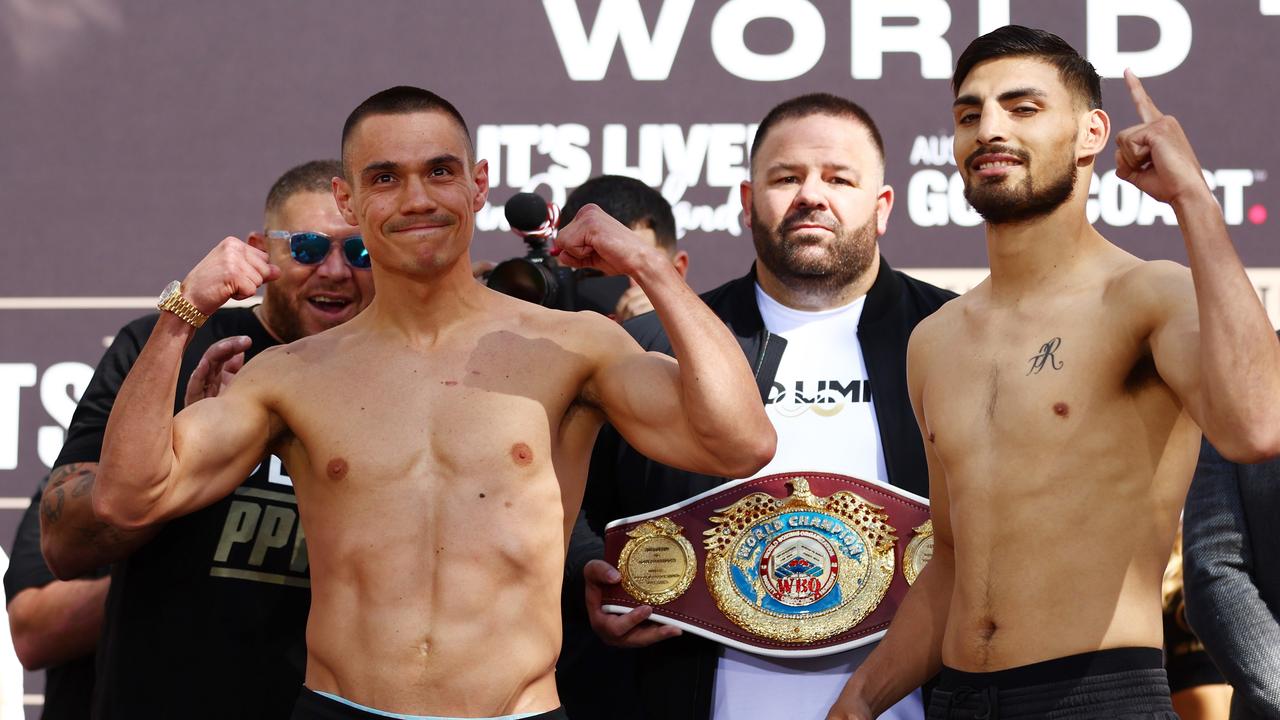 Tim Tszyu and Carlos Ocampo face off before their fight. (Photo by Chris Hyde/Getty Images)