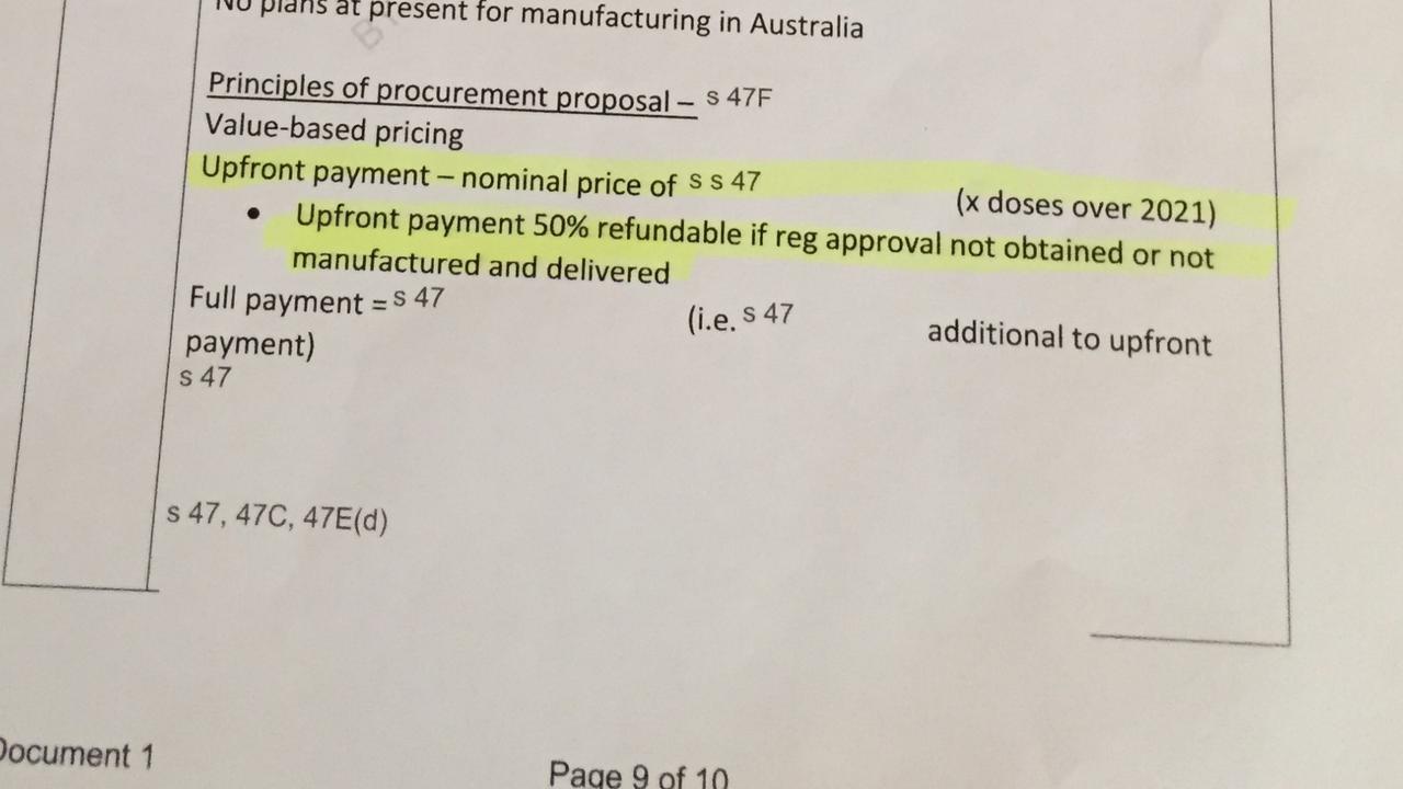 The original, unredacted FOI report — titled “Vaccine company liaison – meeting between Department and Pfizer” — which shows the attempted money-grab. Picture: Supplied