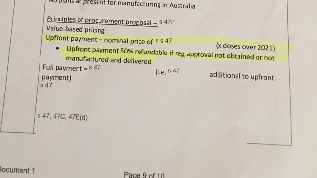 The original, unredacted FOI report — titled “Vaccine company liaison – meeting between Department and Pfizer” — which shows the attempted money-grab. Picture: Supplied