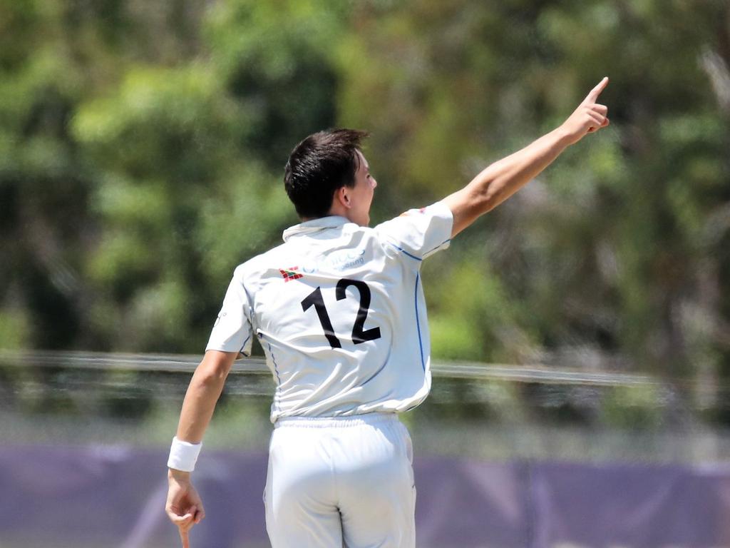 Darwin's Tom Menzies celebrates a wicket against Southern Districts. Picture: Roz Lavercombe.