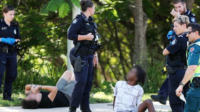 Teenagers are arrested in Townsville after allegedly ramming a police vehicle with a stolen car. Picture: Alix Sweeney