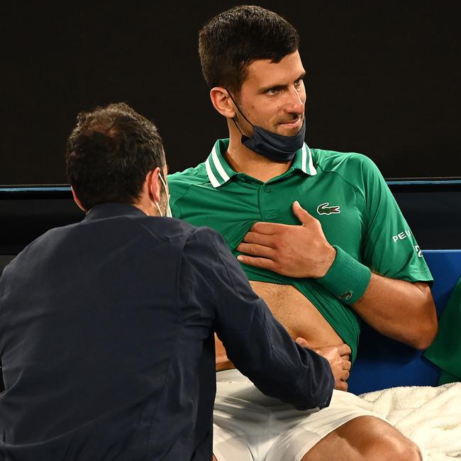 Novak Djokovic was clearly inconvenienced by an injury during his third round match against Taylor Fritz. Picture: Getty Images