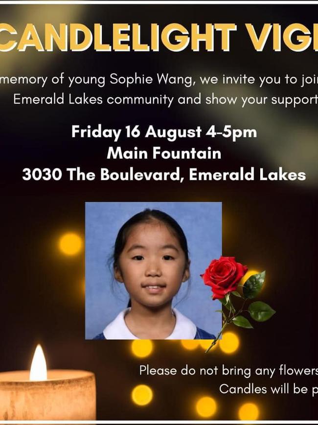 A candlelight vigil has been organised for Sophie Wang.