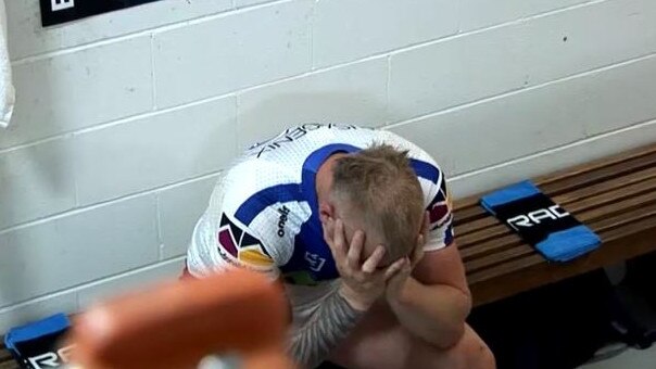 Mitch Barnett in the sheds after being dismissed. Picture: Fox Sports