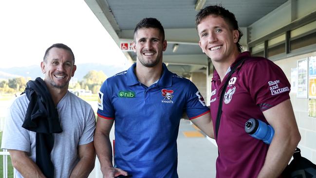 Matthew Johns with his sons Jack Johns and Cooper Johns on the day they played against each other in Mudgee. Picture: Getty