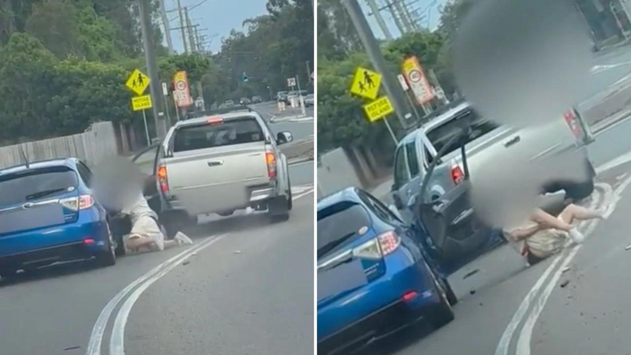 A woman was left with gruesome leg injuries after being run over by a ute in a horrifying road rage incident. Picture: The Courier Mail