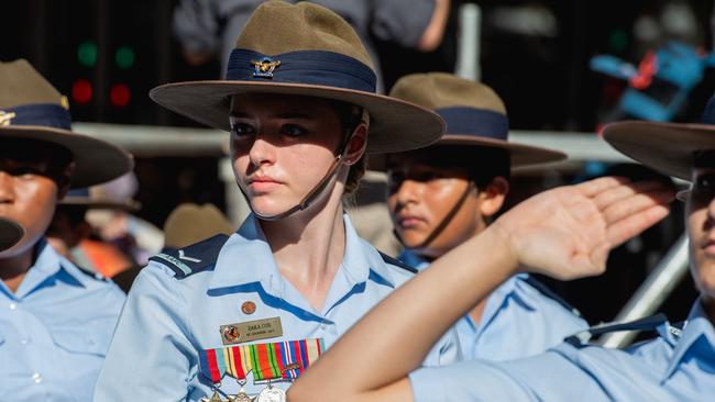 Zara Cox at the Anzac Day march through Knuckey Street in Darwin. Picture: Pema Tamang Pakhrin