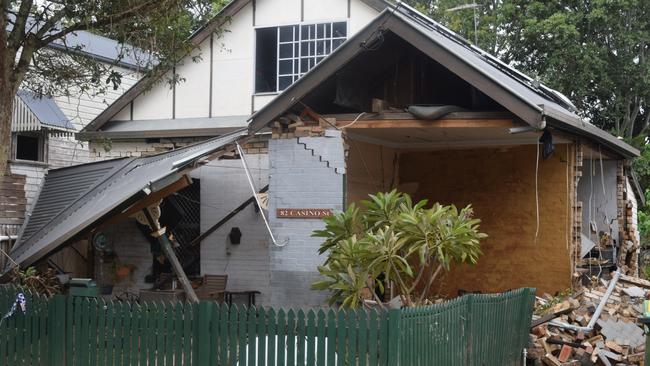 A Casino Street home on the verge of collapse on Friday as South Lismore. Picture: Nicholas Rupolo.