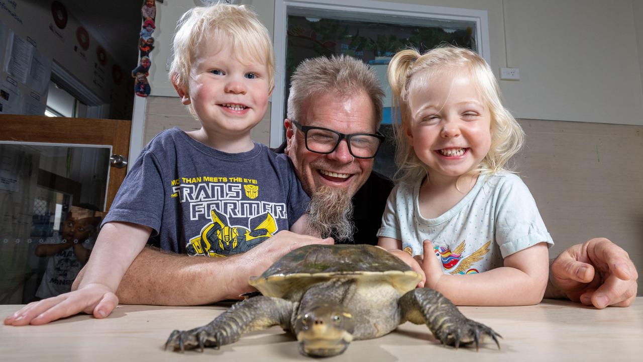 Euin, 2 and Georgie, 2, with director Jeremy Pool and Terri the Turtle at the Le Fevre Community Children’s Centre. Picture: Ben Clark