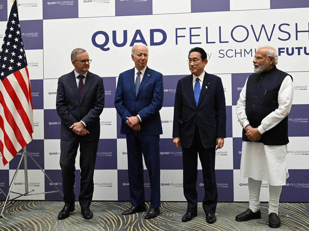 Australian Prime Minister Anthony Albanese, US President Joe Biden, Japanese Prime Minister Fumio Kishida and Indian Prime Minister Narendra Modi at their last Quad summit. Picture: AFP