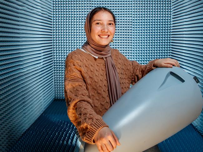 Masooma Alizada is an aeronautical engineering student doing an internship at Airspeed, Mawson Lakes. Masooma is standing in an anechoic chamber she designed and built. Picture Matt Turner.