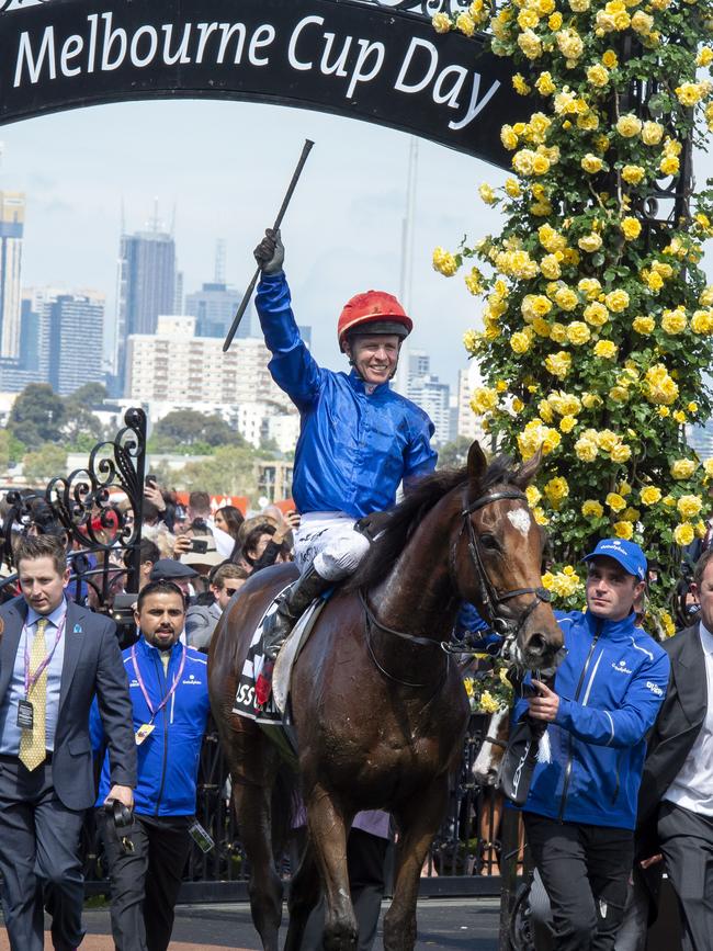 Kerrin McEvoy returns the Charlie Appleby-trained Cross Counter to scale at Flemington. Picture Jay Town