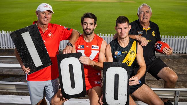 Former North Adelaide captain David Tiller (left), Rooster Keenan Ramsey, Glenelg's Matthew Allen and Tigers legend Peter Carey at Prospect Oval in preparation for the 100th anniversary game. Picture: Tom Huntley