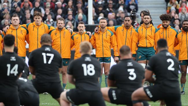 DUNEDIN, NEW ZEALAND - AUGUST 05: Australia faces the haka during The Rugby Championship & Bledisloe Cup match between the New Zealand All Blacks and the Australia Wallabies at Forsyth Barr Stadium on August 05, 2023 in Dunedin, New Zealand. (Photo by Peter Meecham/Getty Images)