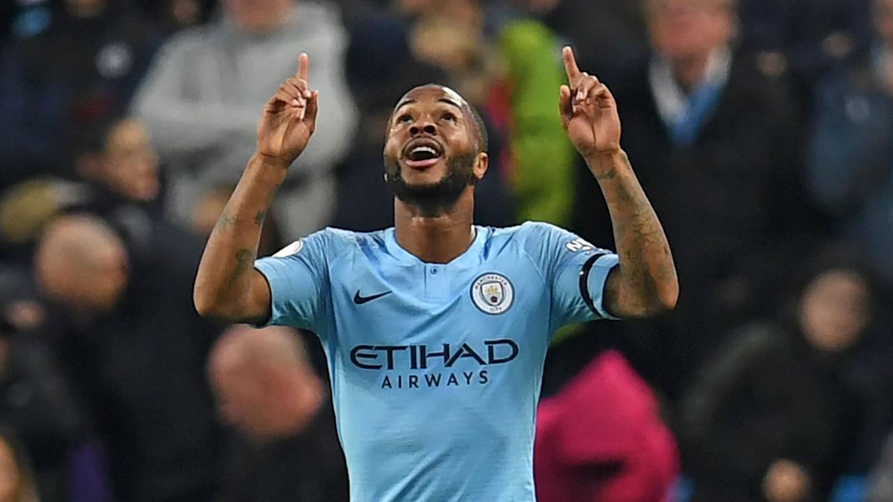 Manchester City's English midfielder Raheem Sterling celebrates after scoring their fifth goal