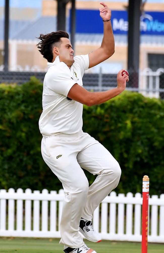 Wests bowler Blake Edwards Cricket action between Toombul and Wests. Saturday December 17, 2022. Picture: John Gass