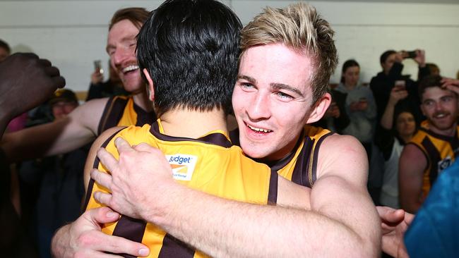 Oliver Hanrahan of the Hawks celebrates the thrilling win.