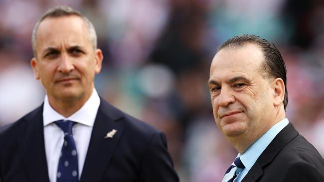 (L-R) NRL CEO Andrew Abdo and Peter V'landys the Chairman of the Australian Rugby League Commission. Picture: Mark Kolbe/Getty Images