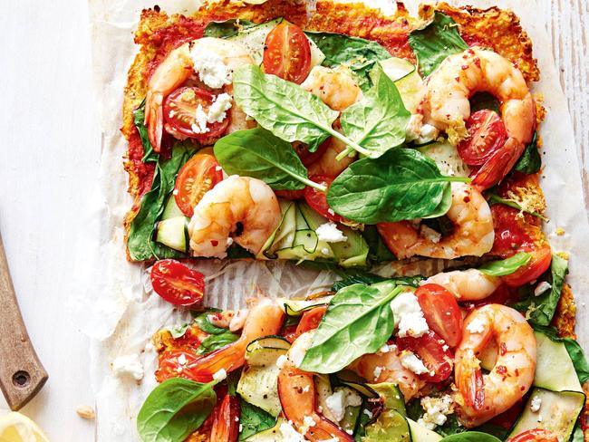 Pumpkin and chickpea pizza with prawns.