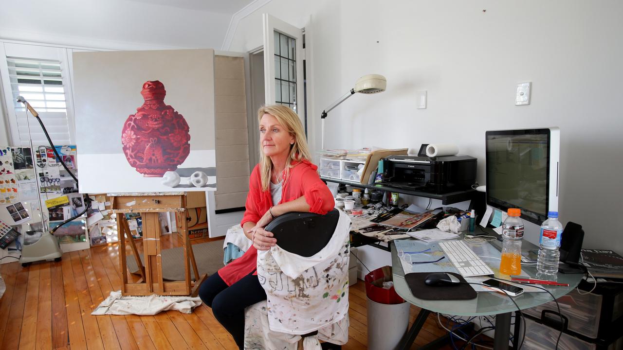  Claire Stening, artist with her artwork in her Hamilton studio. 