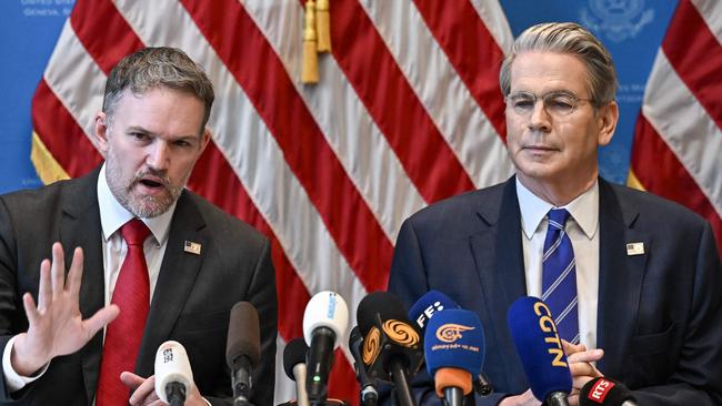 US Trade Representative Jamieson Greer and US Treasury Secretary Scott Bessent told reporters in Geneva 'substantial progress' had been made following a two-day closed-door meeting with China's top officials. Picture: Fabrice Coffrini/AFP