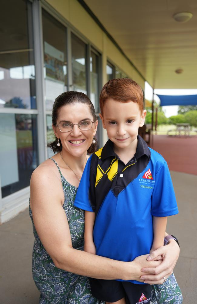 The first day of school for Concordia Lutheran College's 2023 prep students. Isaac Forsyth with mum Anna.
