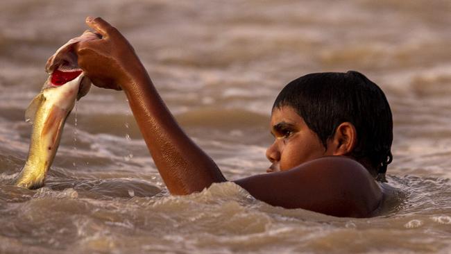 BREWARRINA, AUSTRALIA - FEBRUARY 17: A boy is seen catching a fish by hand at Brewarrina Weir on February 17, 2020 in Brewarrina, Australia. The Brewarrina Weir in Northern New South Wales overflowed on the weekend for the first time in years, as rain water from upstream flowed into the once dry river beds. The influx of water at the weir has also brought back to life the heritage listed Aboriginal fish traps, also known as Baiame's Ngunnhu. Recent rains and thunderstorms across Eastern Australia have seen a number of rivers feeding the Murray-Darling basin begin to flow. Pumping embargoes for the Barwon-Darling river system which prevent irrigators from extracting water from the river are currently in place, however there are fears that recent rainfalls may cause the NSW Government to lift the ban. (Photo by Jenny Evans/Getty Images)