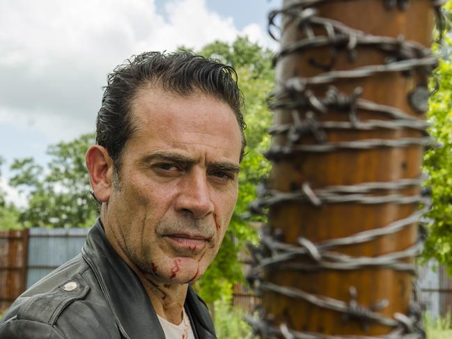 This image released by AMC shows Jeffrey Dean Morgan as NeganÂ from the series, "The Walking Dead." The popular zombie series makes its midseason return Sunday on AMC. (Gene Page/AMC via AP)