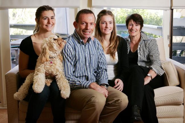 <p>Tony Abbott at home in Sydney with his wife Margaret and daughters Frances and Bridget after winning the Liberal Party leadership, Sydney. Picture: Rohan Kelly</p>