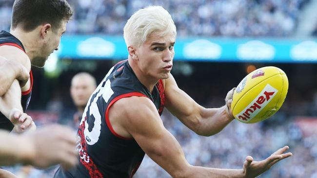 Essendon's Matt Guelfi debuted a striking white hairdo in 2019. Pic: Michael Klein.