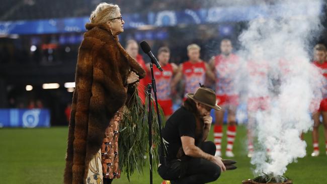 Senior Wurundjeri elder Aunty Joy Murphy Wandin performs Welcome to Country at the Dreamtime celebration. Picture: Darrian Traynor/AFL Photos