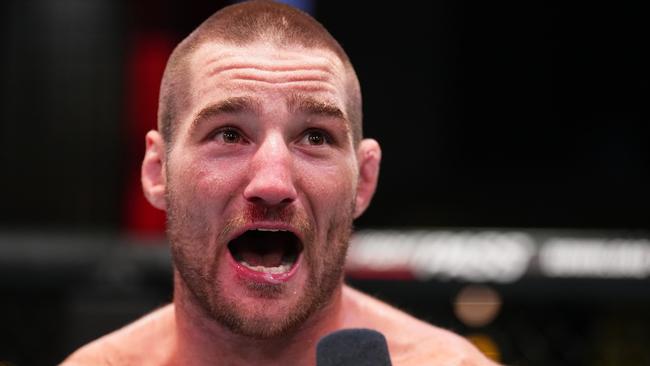 LAS VEGAS, NEVADA - JULY 01: Sean Strickland reacts after his victory over Abus Magomedov of Russia in a middleweight fight during the UFC Fight Night event at UFC APEX on July 01, 2023 in Las Vegas, Nevada. (Photo by Chris Unger/Zuffa LLC via Getty Images)