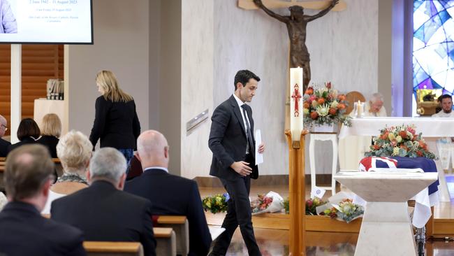 David Crisafulli leader of the opposition NLP, speaks at the State Funeral Service for Mike Ahern AO, at Our Lady of the Rosary Catholic Church, Caloundra, on Friday 25th August 2023 - Photo Steve Pohlner