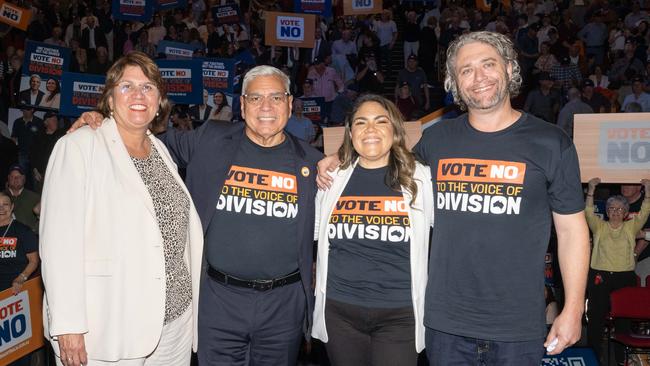 Senator Kerrynne Liddle (L to R), Nyunggai Warren Mundine, Opposition Indigenous Australians spokeswoman Jacinta Nampijinpa Price and Matthew Sheahan at the No Campaign event in Adelaide. Picture: NCA NewsWire/ Morgan Sette