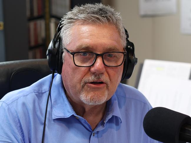 The Daily Telegraph 7.11.2024 Ray Hadley announcing his retirement on air at this morning, and his last show will be December 13. Pictured in his studio at 2GB in Pyrmont. Picture: Rohan Kelly.