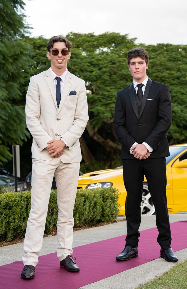 Henrik Baltzer and Joseph Lynch, graduating class of 2023, arrive at St Patricks Formal on Friday, May 5, 2023. Gympie, Queensland. Picture: Christine Schindler