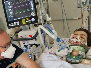 Harley Phipps with father Mathew in hospital following his accident on June 3 2024. Picture: supplied