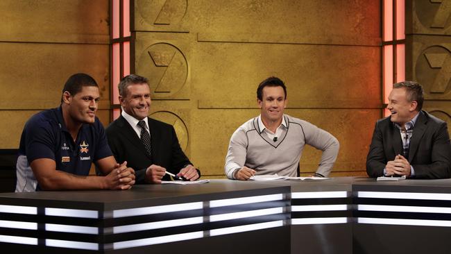 NRL player Willie Mason (L), panelist Shane Webcke (centre left), host Matty Johns (centre right) and Paul Kent (right) on The Matty Johns Show.