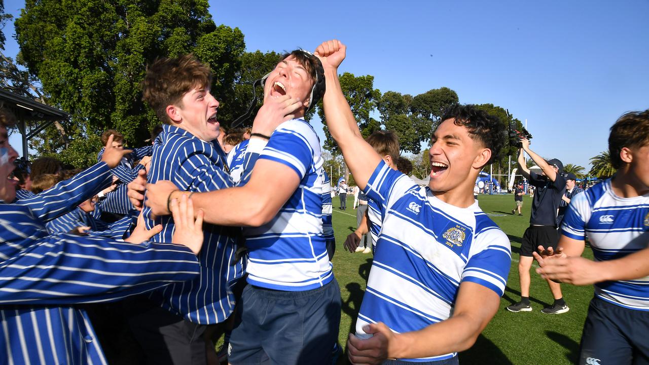 Prestyn Laine-Sietu (right) celebrates with teammates. GPS first XV rugby grand final, Nudgee College Vs BSHS. (Check caption) Saturday September 7, 2024. Picture, John Gass