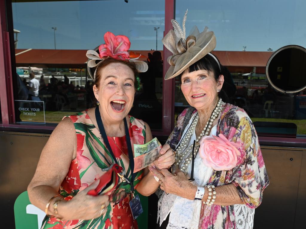 Annie Davis and Jessie Higgins on the punt at the 2021 Great Northern Darwin Cup. Picture: Julianne Osborne