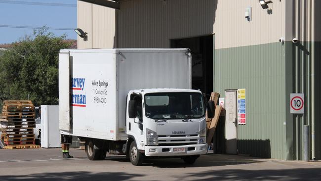 Workers were back doing deliveries at the Alice Springs Harvey Norman warehouse on Wednesday, February 5, 2025, a day after a worker was critically injured when a heavy item struck him on the head. Picture: Gera Kazakov