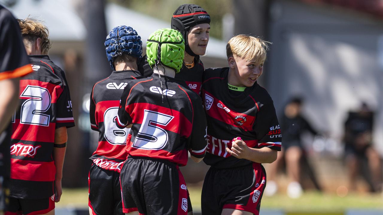 Valleys celebrate a try against Southern Suburbs in U13/14 boys Toowoomba Junior Rugby League grand final. Picture: Kevin Farmer