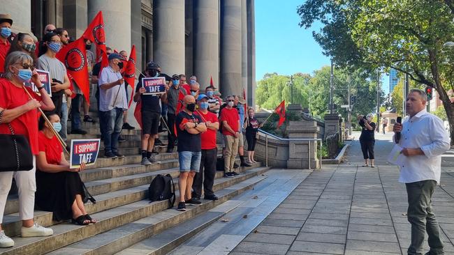 Australian Education Union SA president Andrew Gohl addresses protesters at a strike at Parliament House. Picture: Michelle Etheridge